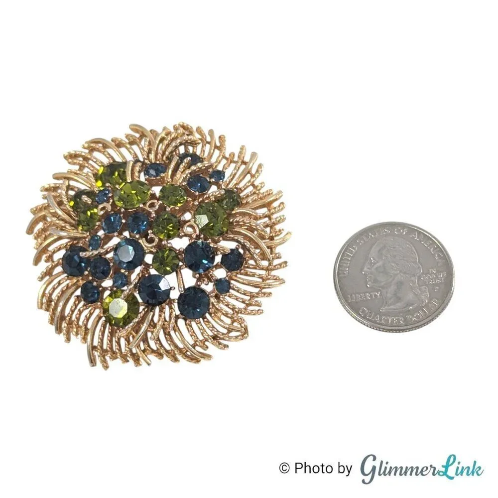 Vintage 60s Lisner Round Floral Green Blue Rhinestone Crystal Gold Tone Brooch
